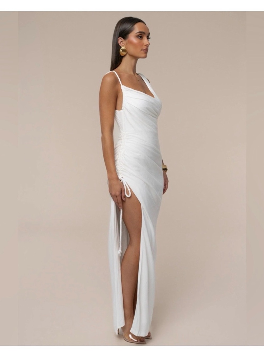 New JLUXLABEL White One-Shoulder Ruched High-Slit Maxi Dress - Picture 3 of 6